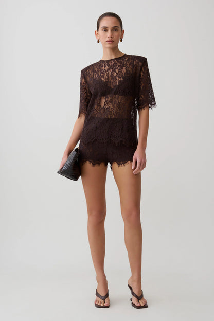 Harlyn Shoulder Pad Short Sleeve Lace Top Dark Chocolate