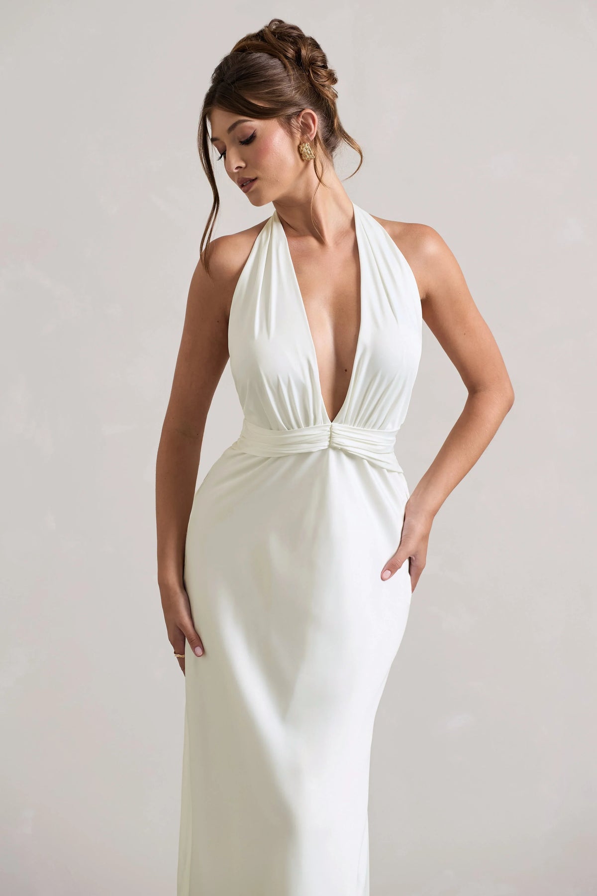 Carolyn Ivory Satin Plunge Maxi Dress With Dipped Hem