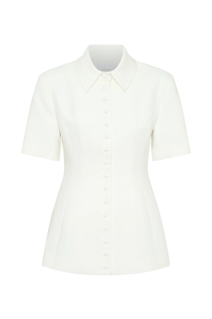 Ariella Button Up Short Sleeves Top White