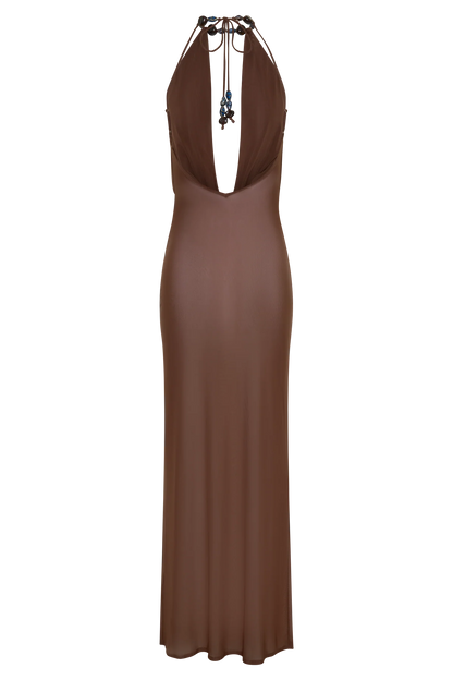 Ethal Mesh Cowl Neck Beaded Maxi Dress Chocolate