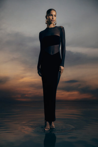 Davina Velvet And Mesh Maxi Dress Black