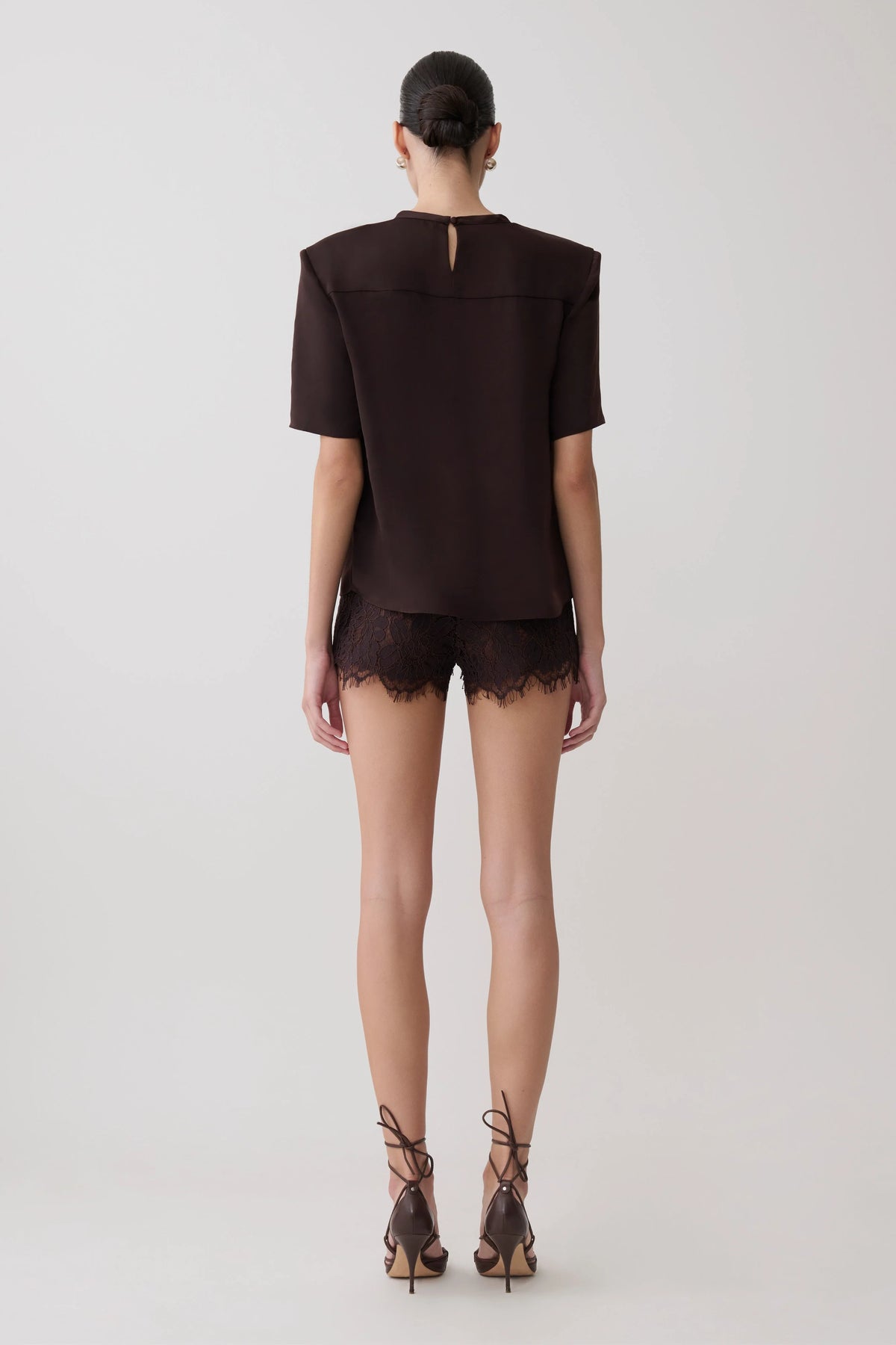 Harlyn Shoulder Pad Short Sleeve Satin Top Dark Chocolate
