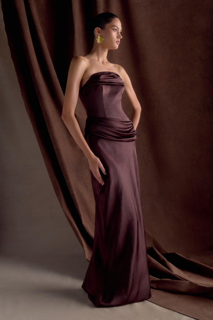 Jasmine Strapless Satin Maxi Dress Dark Chocolate