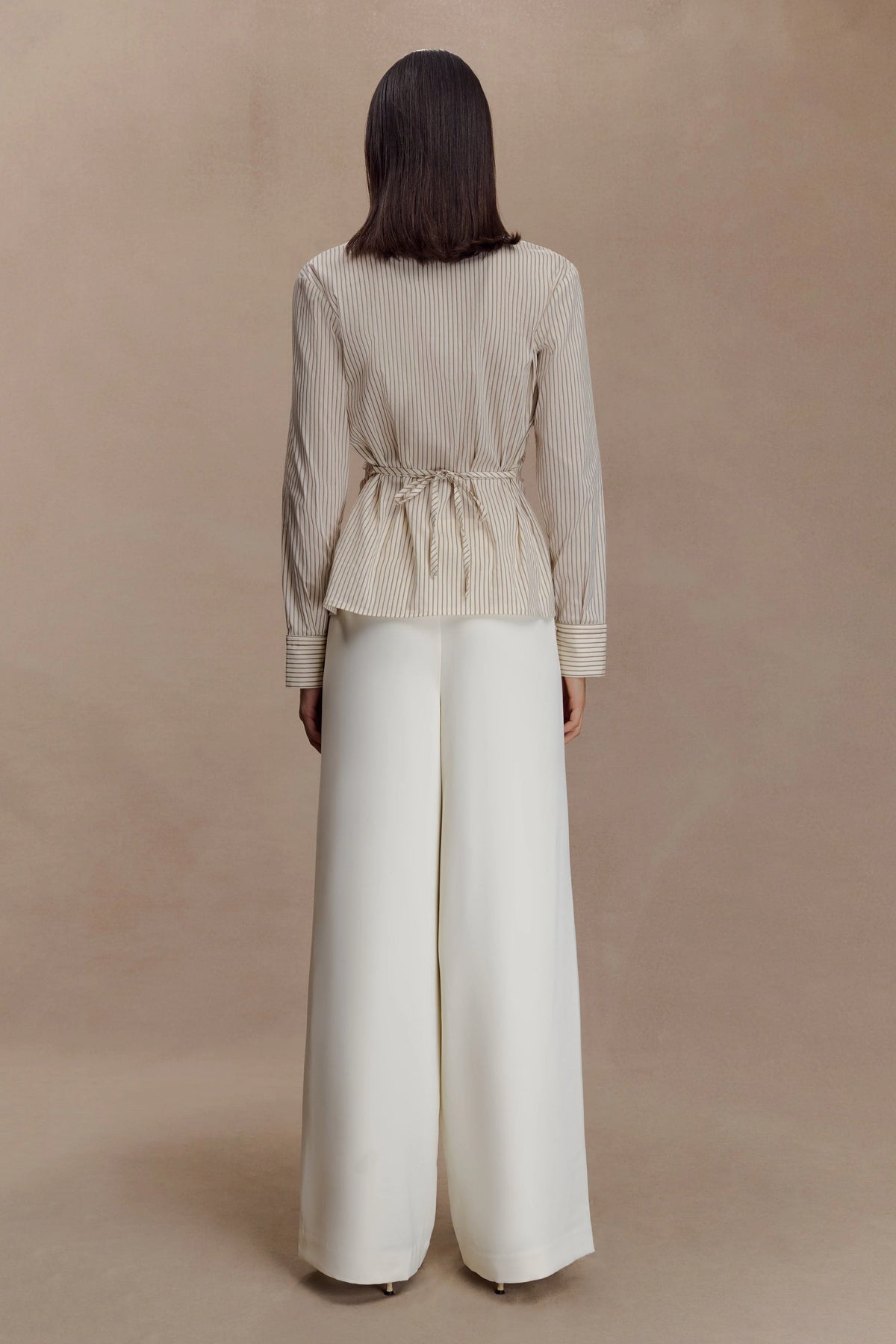 Millie Tie Back Cotton Shirt Beige Pinstripe