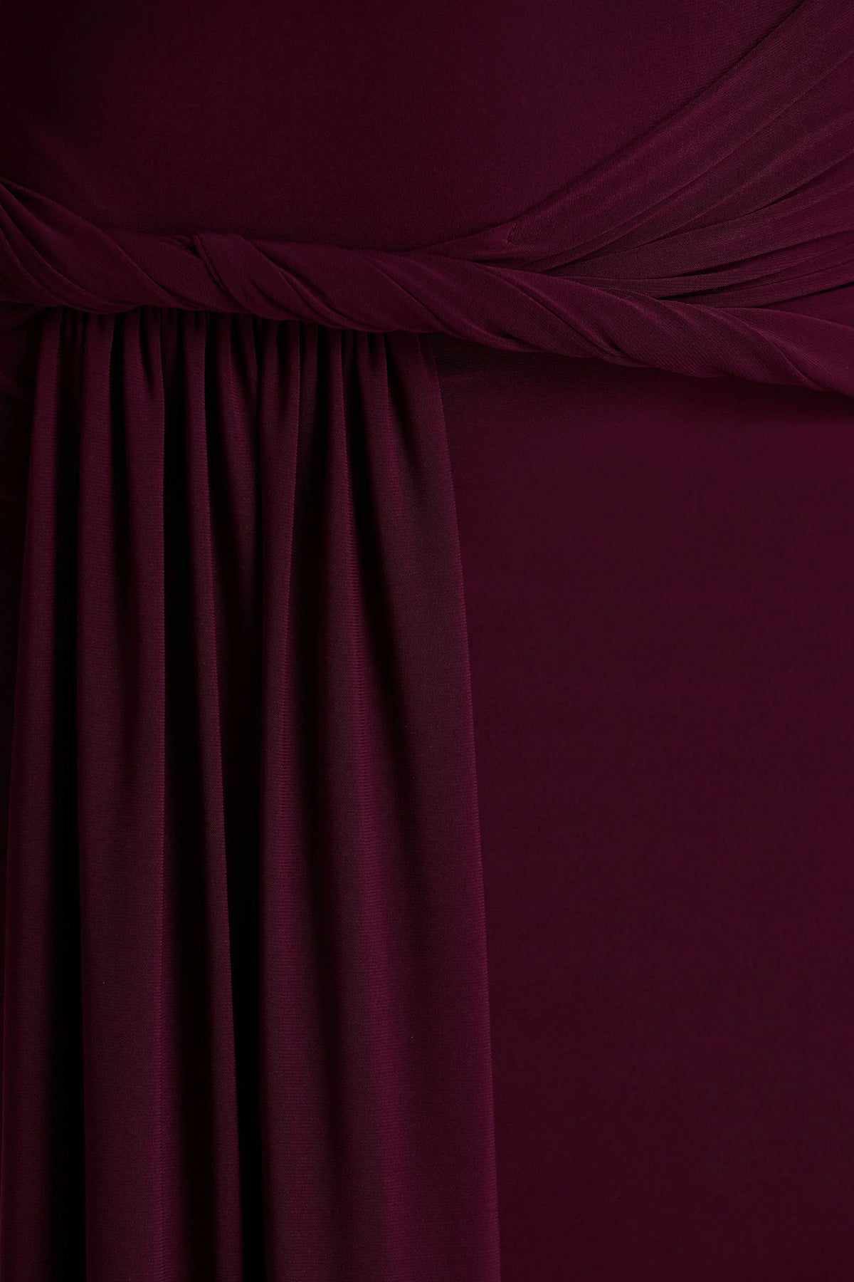 Tulisa Burgundy Asymmetric Neck Maxi Dress With Twist Sleeves And Ruched Detailing