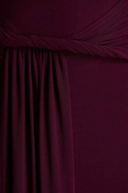 Tulisa Burgundy Asymmetric Neck Maxi Dress With Twist Sleeves And Ruched Detailing