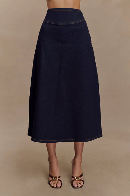 Cecilia Denim A Line Midi Skirt Indigo Blue