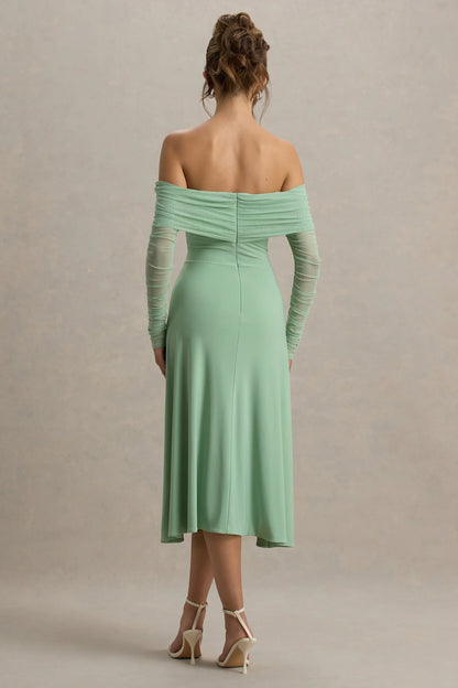 Flatter Me Light Green Bardot Midi Dress With Mesh Sleeves