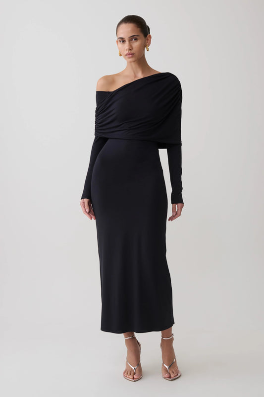 Corinna Modal One Shoulder Midi Dress Black