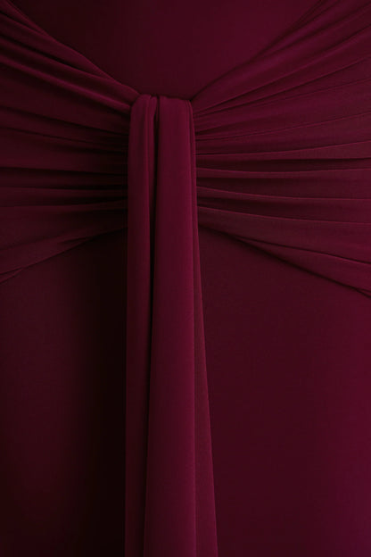 Envisioned Burgundy Bardot Neck Maxi Dress With Gathered And Drape Detail