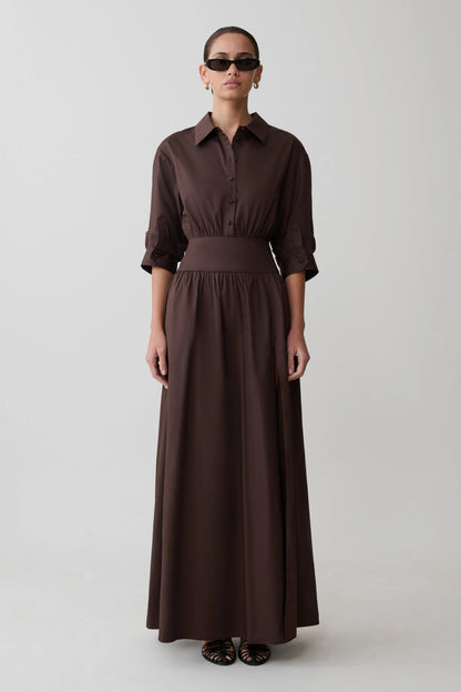 Isolde Long Sleeve Cotton Maxi Dress Dark Chocolate