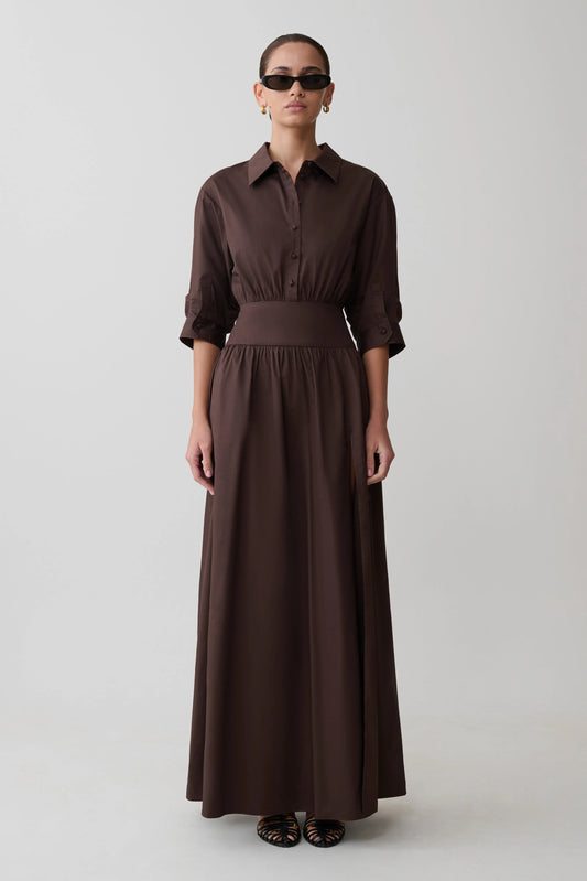 Isolde Long Sleeve Cotton Maxi Dress Dark Chocolate