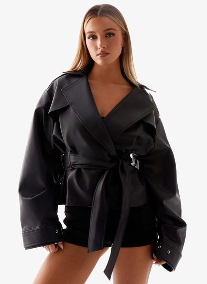 Midtown Faux Leather Trench Black