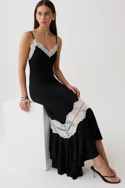 Annis Frilled Hem Lace Midi Dress Black White