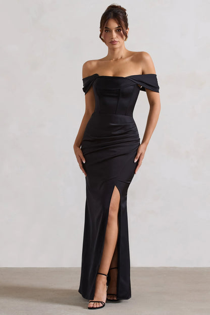 Kimberly Black Bardot Satin Maxi Dress