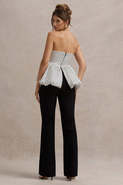 Divina White Black Polka Dot Strapless Ruffled Jumpsuit