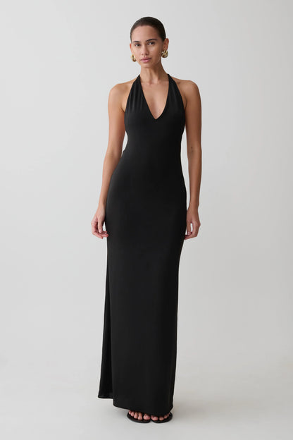 Hana Slinky Plunge Maxi Dress Black
