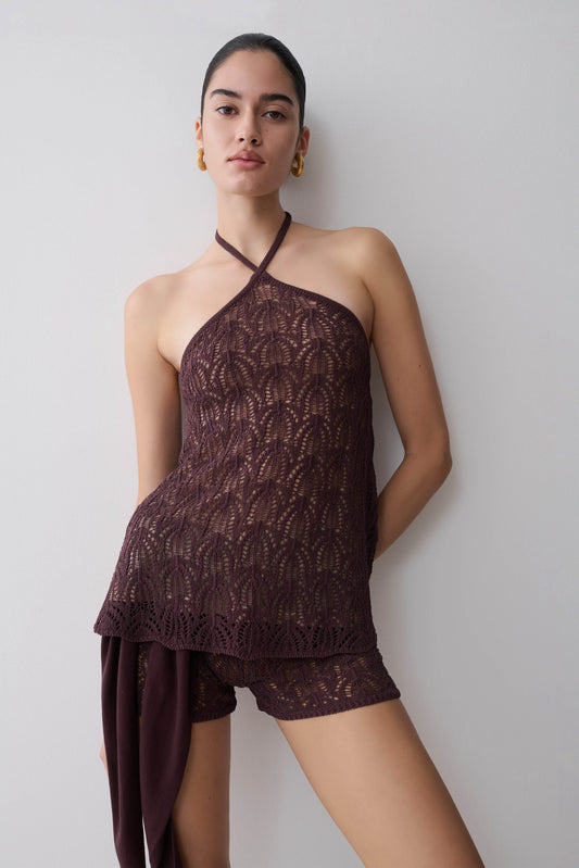 Corey Crochet Halter Neck Top Chocolate