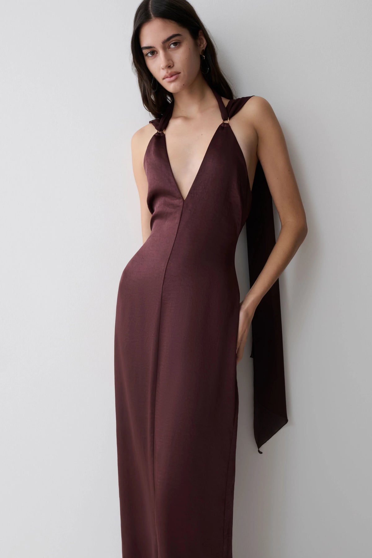 Myla Draped Shoulders Satin Maxi Dress Chocolate