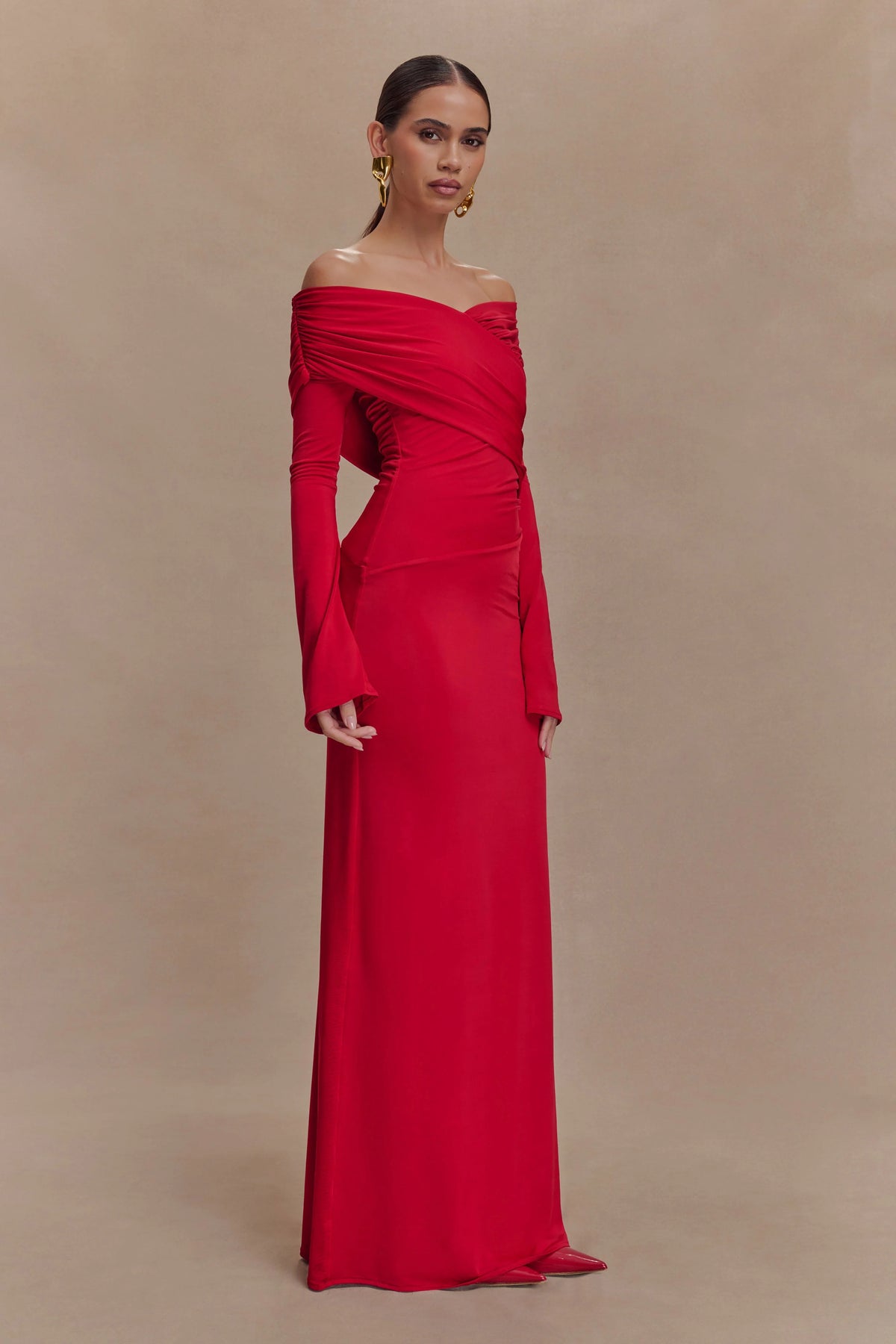 Therese Off Shoulder Ruched Maxi Dress Red