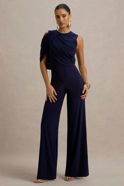 Opulence Navy Jumpsuit With Cape Sleeve and Draped Details