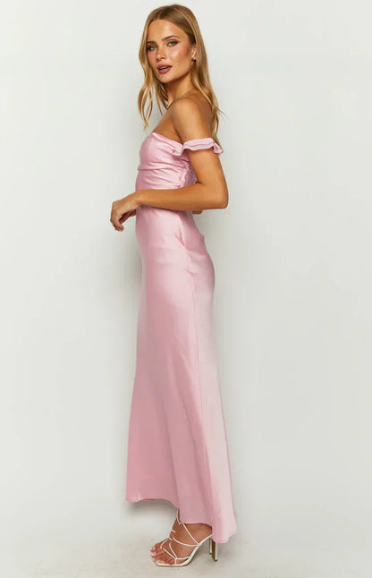 Elvira Pink Satin Formal Maxi Dress
