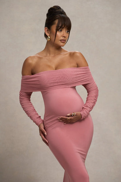 Pretty Perfect Blush Pink Maternity Ruched Mesh Bardot Maxi Dress