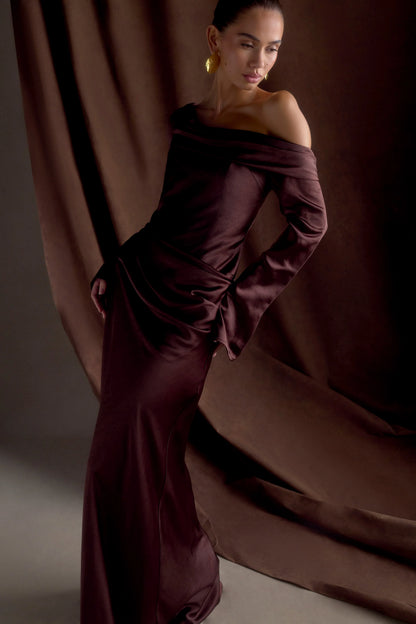 Iris Long Sleeve Satin Maxi Dress Dark Chocolate