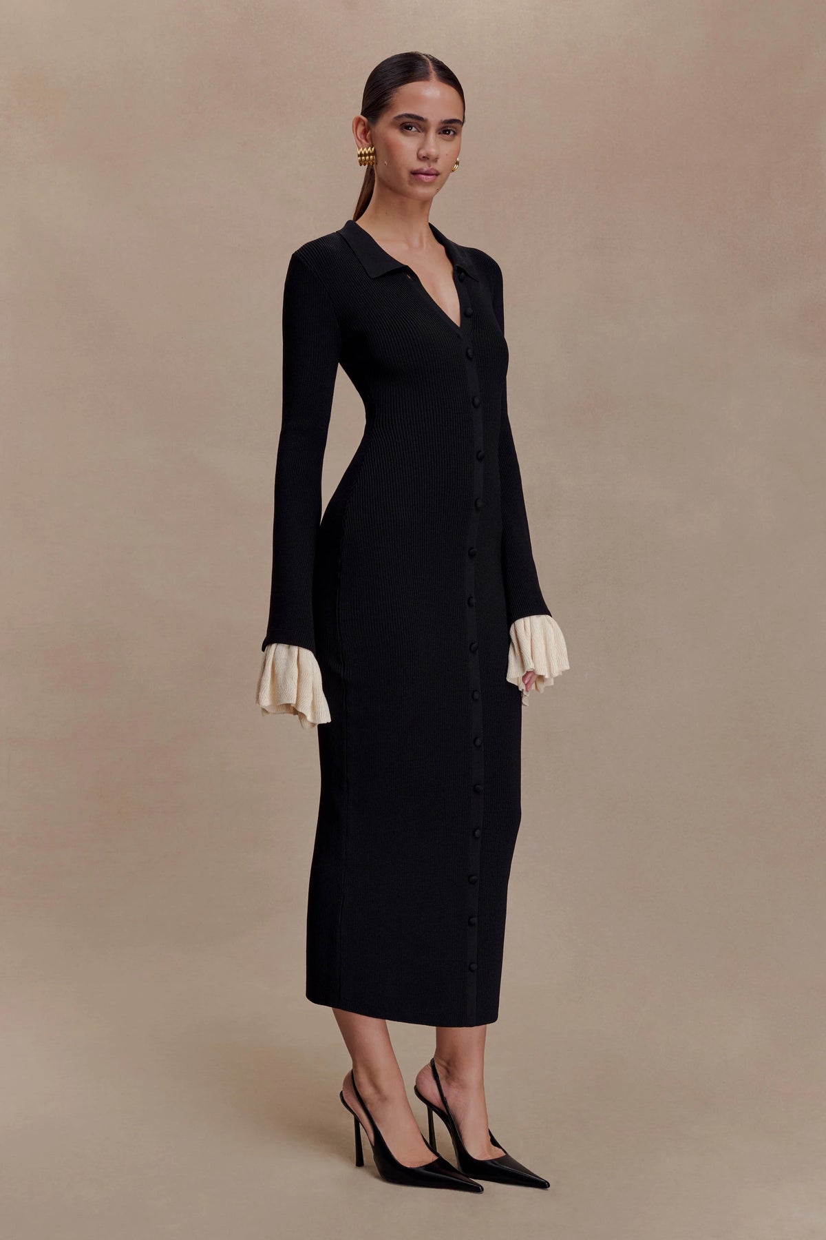 Amirose Ruffle Knit Midi Dress Black