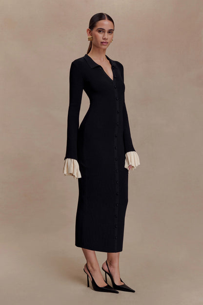 Amirose Ruffle Knit Midi Dress Black