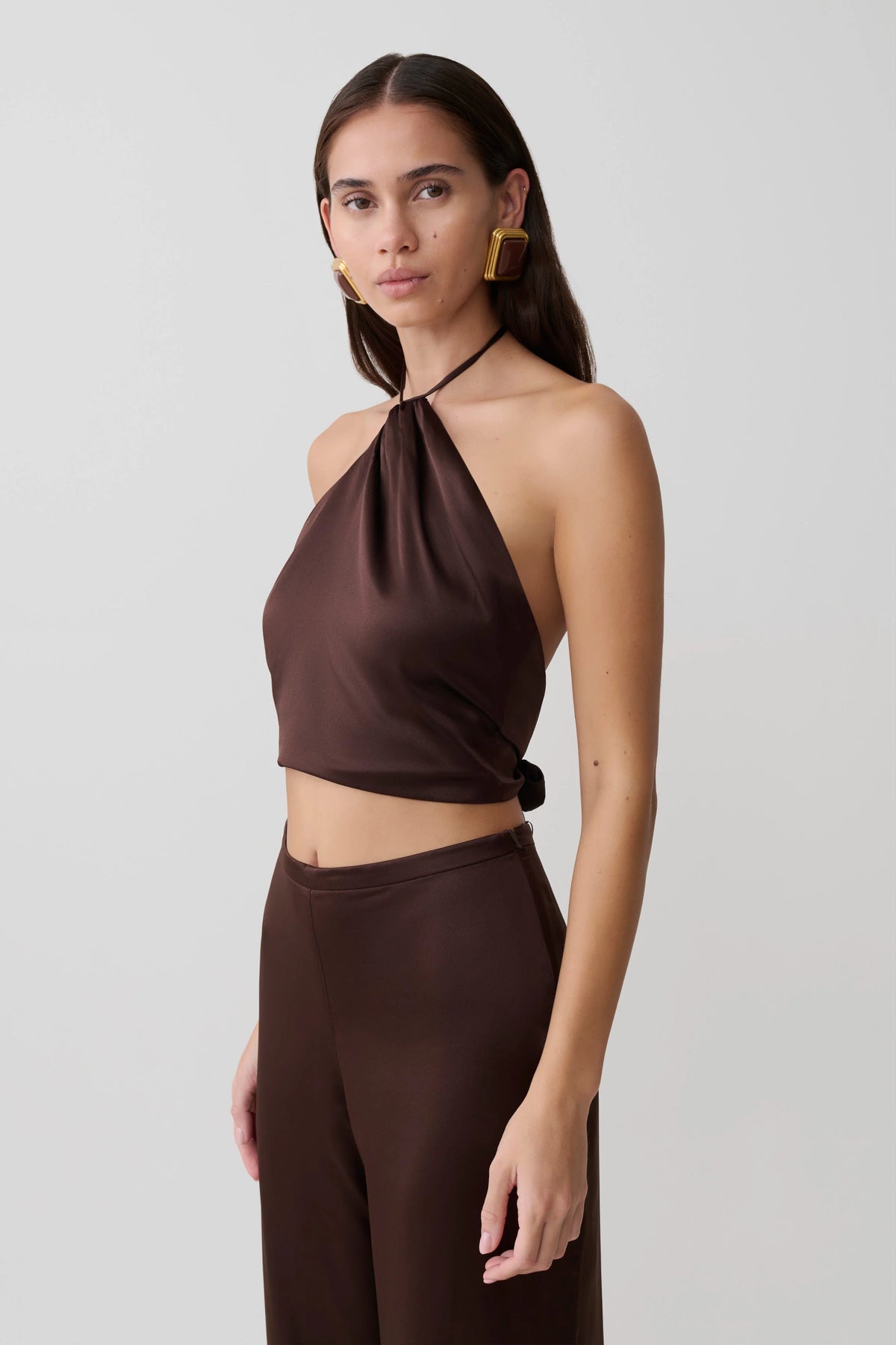 Mariana Halter Silk Blend Sleeveless Top Dark Chocolate