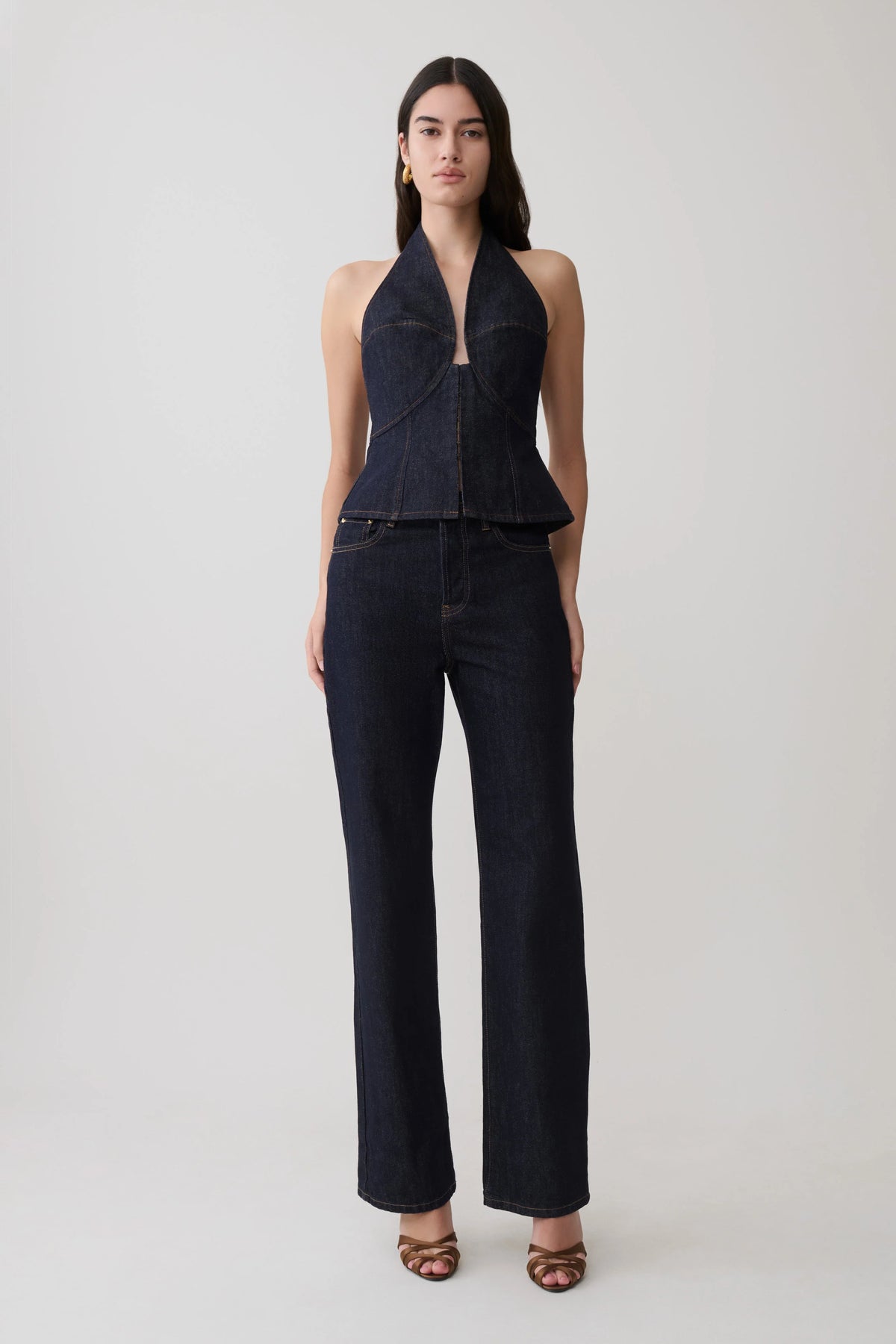 Rema Halter Longline Denim Top Washed Indigo Blue