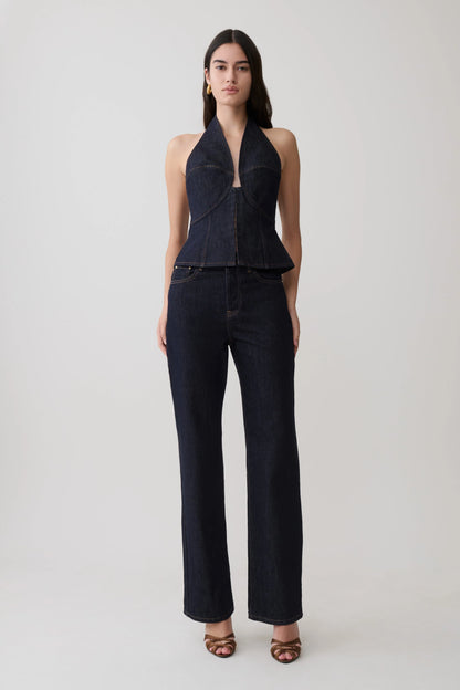 Rema Halter Longline Denim Top Washed Indigo Blue