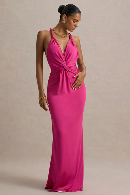 Santez Hot Pink Twisted Plunge Neck Maxi Dress