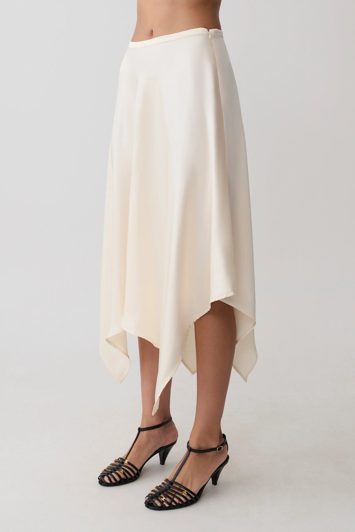 Coralie Asymmetric Satin Midi Skirt Ivory