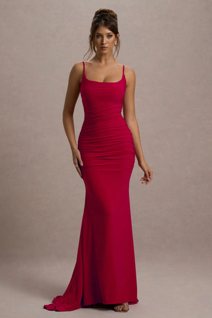 Adele Red Ruched Fishtail Cami Maxi Dress