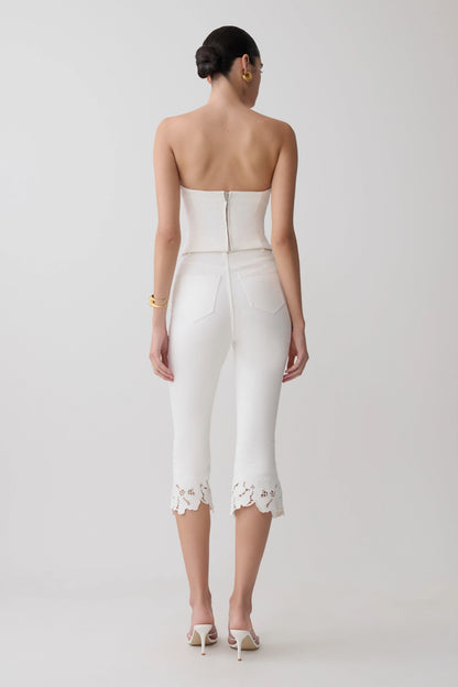 Tillie Flower Embroidery Denim Capris White