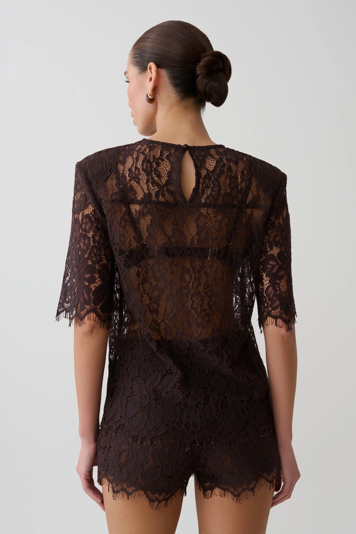 Harlyn Shoulder Pad Short Sleeve Lace Top Dark Chocolate
