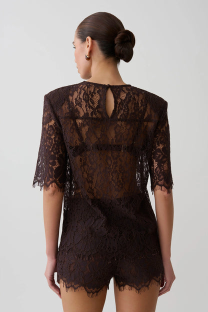 Harlyn Shoulder Pad Short Sleeve Lace Top Dark Chocolate