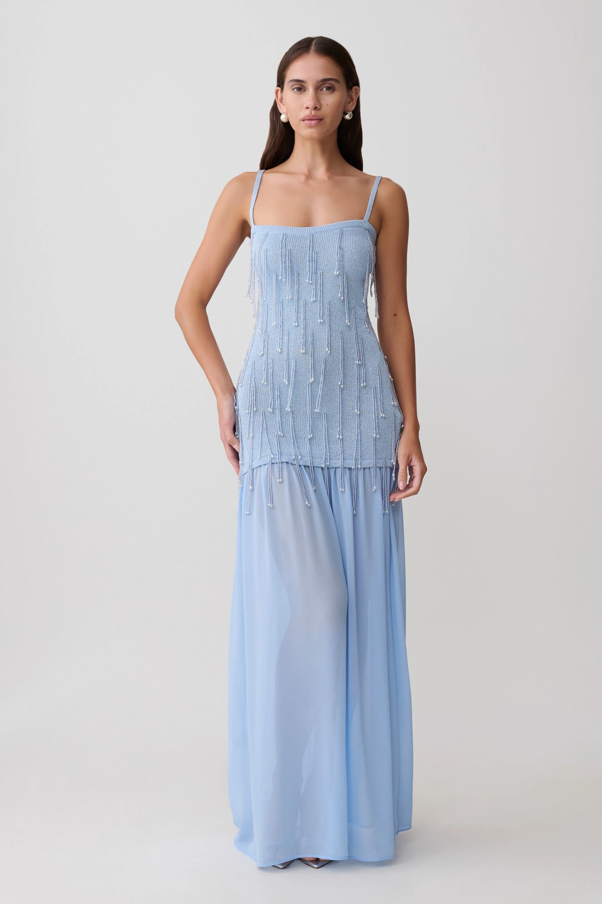 Belinda Beaded Knit Chiffon Maxi Dress Light Blue