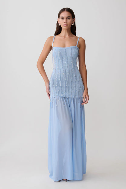 Belinda Beaded Knit Chiffon Maxi Dress Light Blue