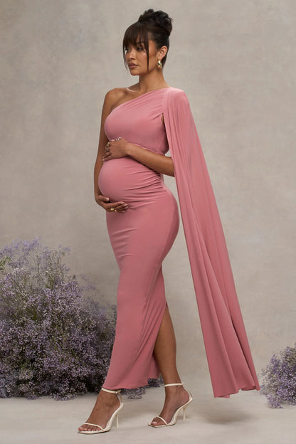 Amaryllis Blush Pink Maternity One Shoulder Maxi Dress with Cape Sleeve