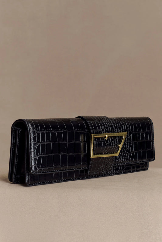 Jessica Faux Leather Crocodile Clutch Black