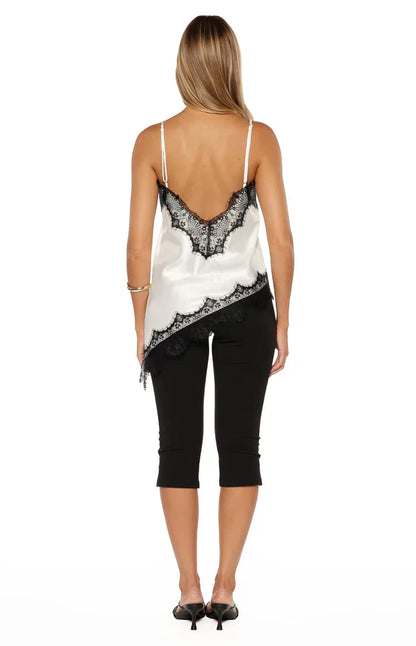 Ziva White Satin Lace Trim Asymmetrical Top
