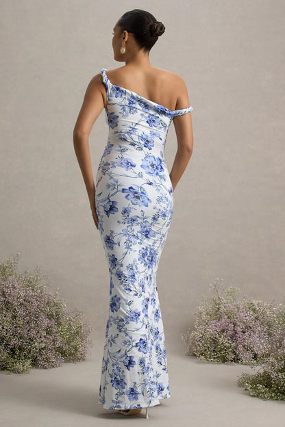 Lita Blue Floral Print Twisted Asymmetric Maternity Maxi Dress