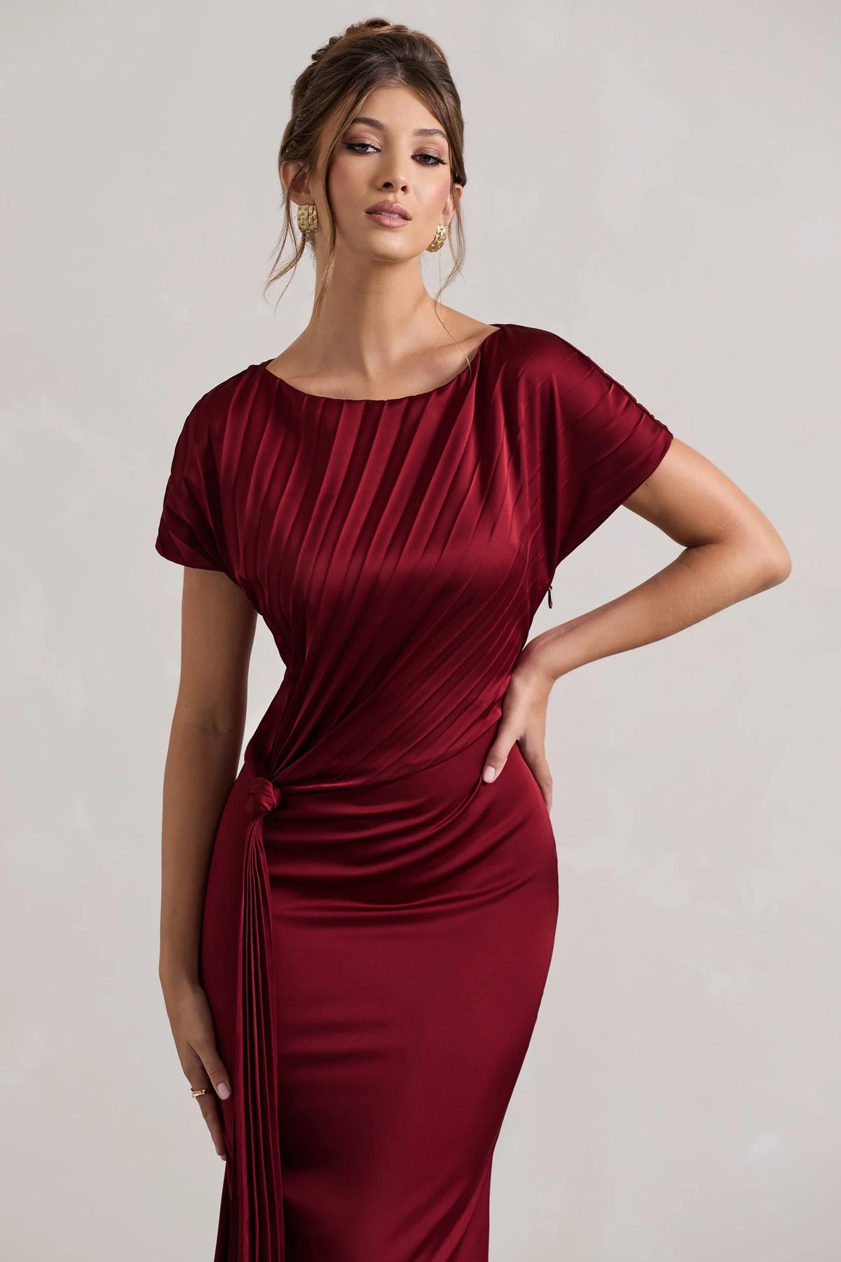 Ambrosia Berry Satin Pleated Maxi Dress With Drape