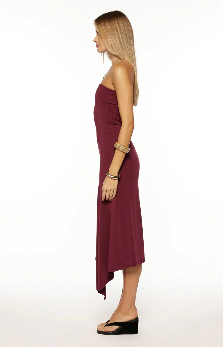 Maura Plum Strapless Asymmetrical Midi Dress