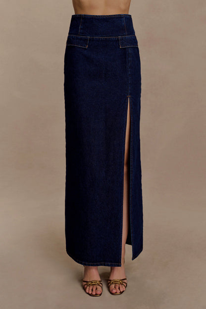 Maylena High Rise Denim Maxi Skirt Indigo Blue