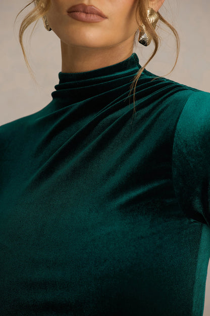 Wishes Bottle Green Velvet High Neck Maxi Dress With Wrap Skirt