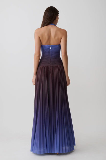 Azizi Pleated Halter Midi Dress Chocolate Blue Ombre Print